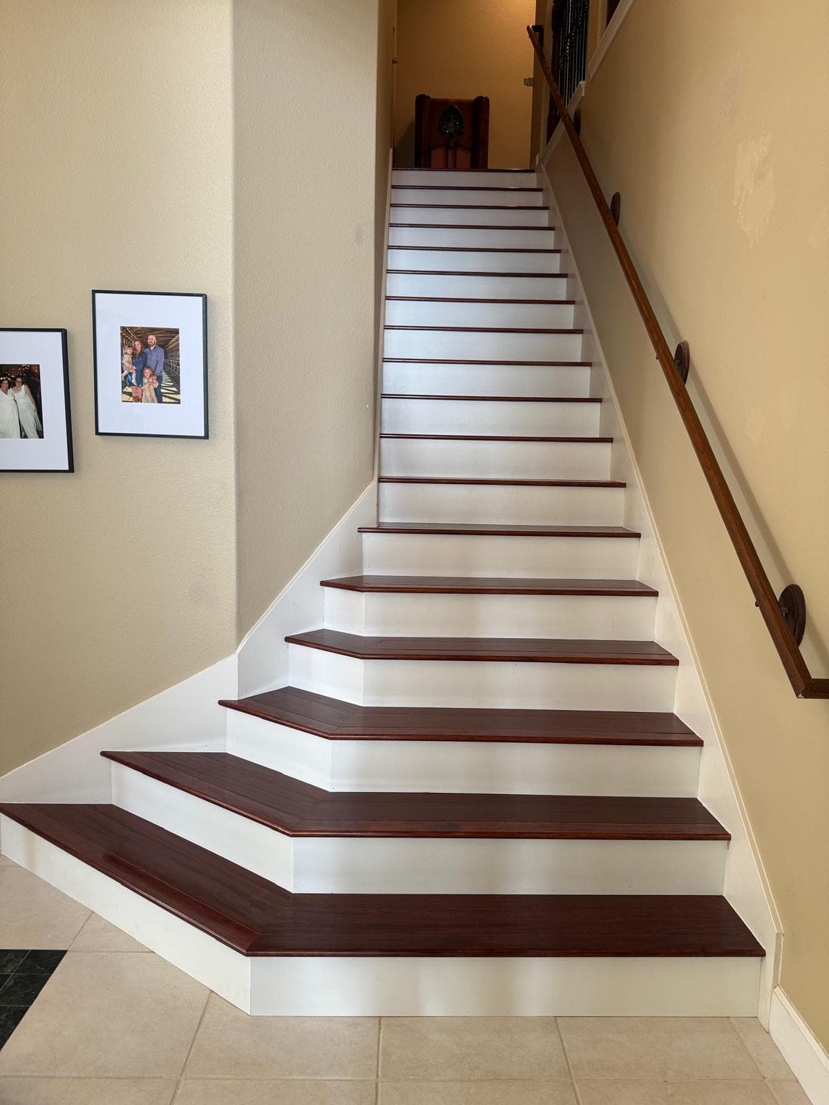 After — cherry hardwood treads with white risers